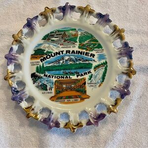 Vtg 1960s Mount Rainier WA Souvenir Collector Plate Reticulated Purple & Gold
